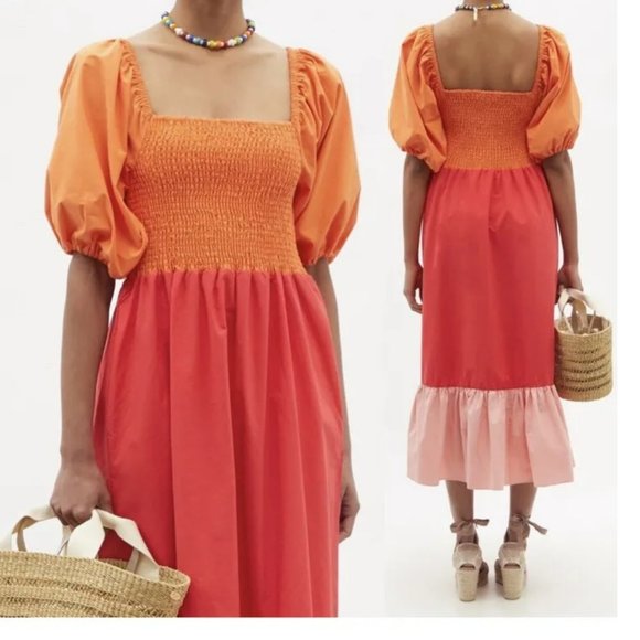 RHODE Eloise Colorblock Smocked Strawberry Multi Midi Dress - Picture 1 of 16